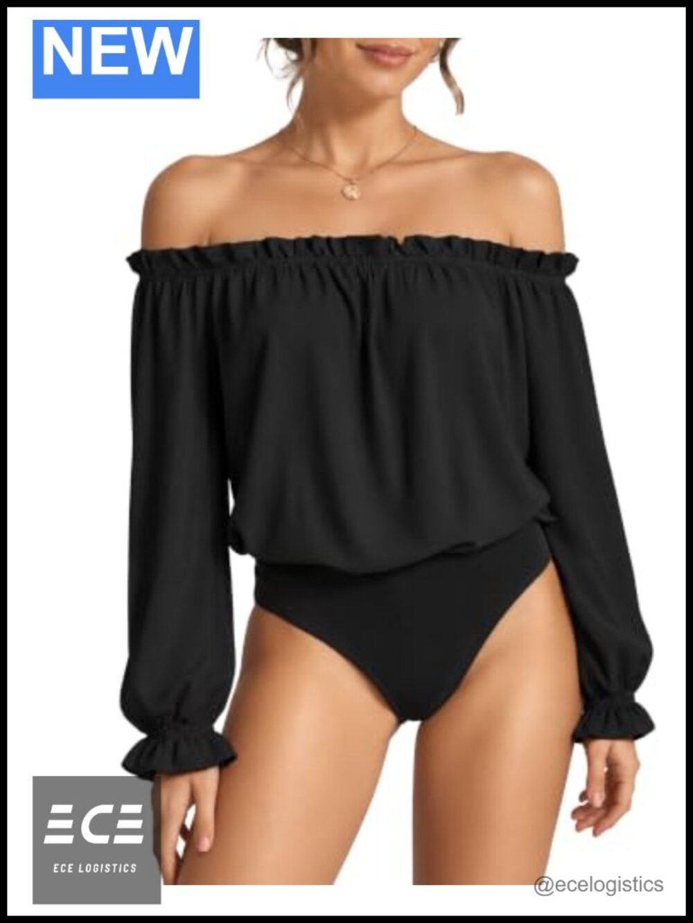 MANGOPOP Ruffle Off Shoulder Bodysuit Long Sleeve Top